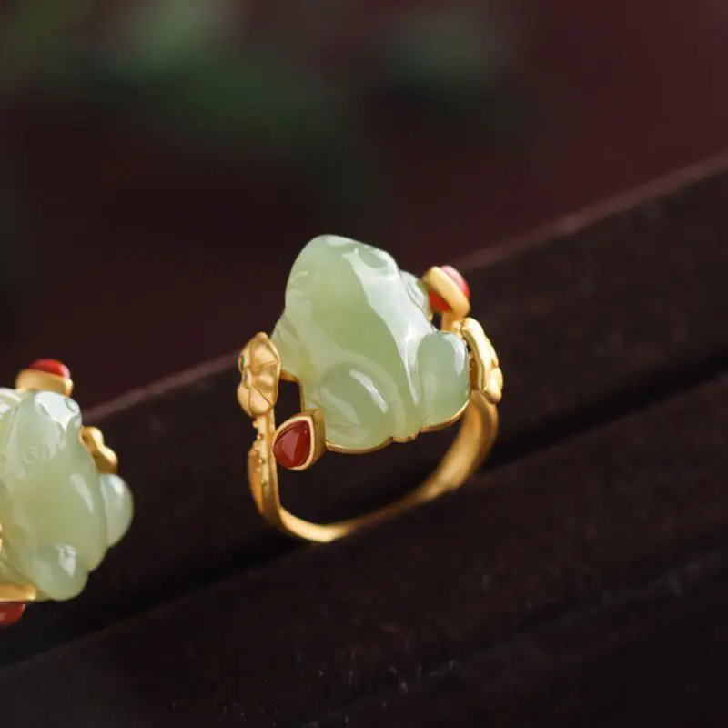 Women Fashion Jewellery - Green Jade Frog Rings Charms Natural