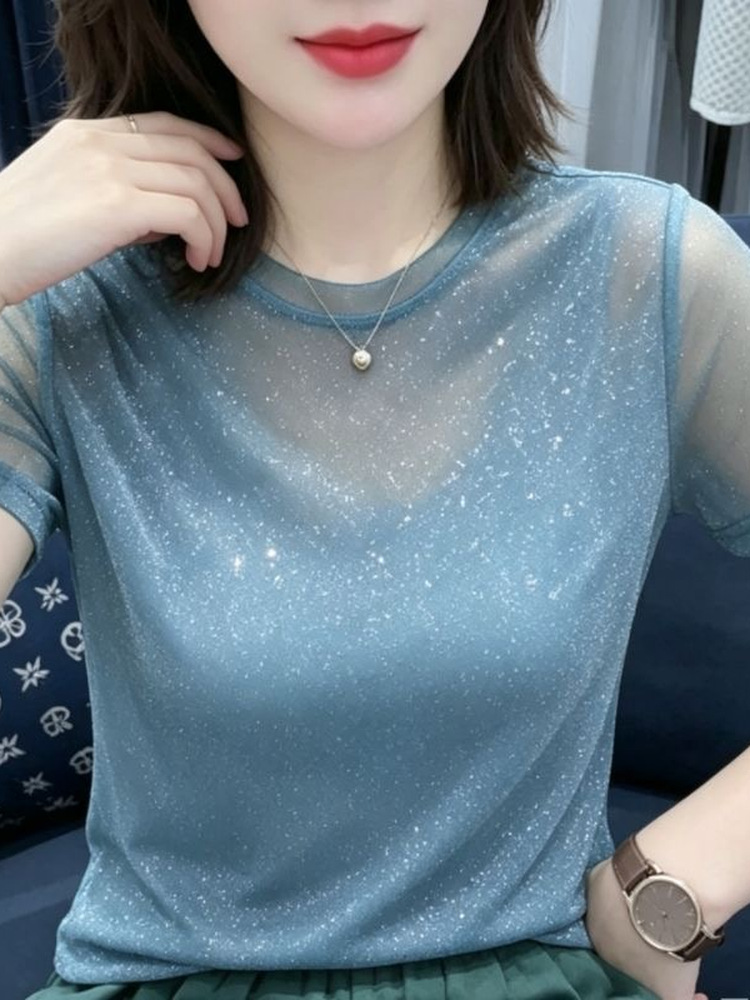 Women Fashion Over 40 - Shiny Lace Elastic Net Sleeveless round