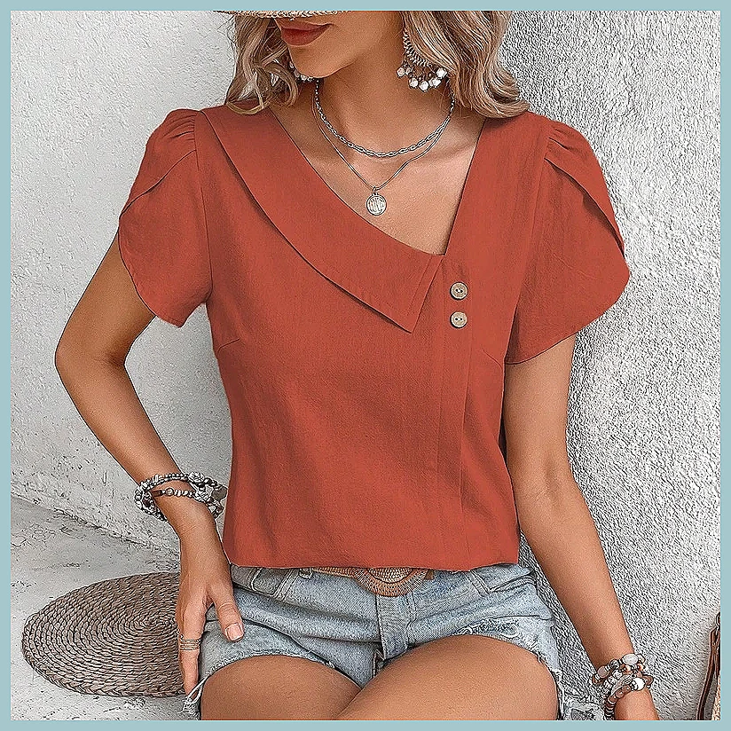 Women Fashion Blouse - 2024 Summer Vintage Solid Color Blouse