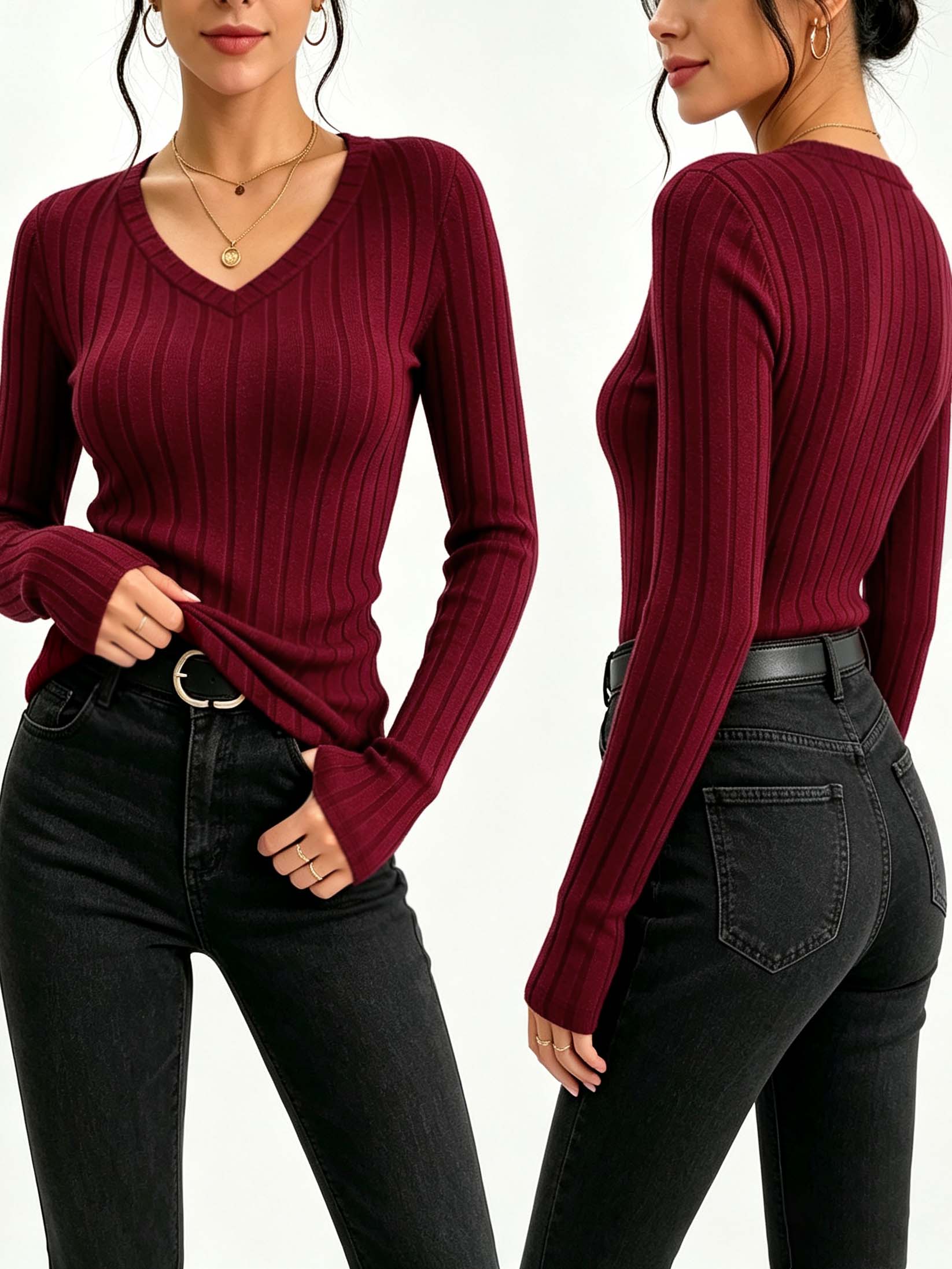 Women Solid V‑Neck Ribbed Knit - Trend Women Fashion review and price