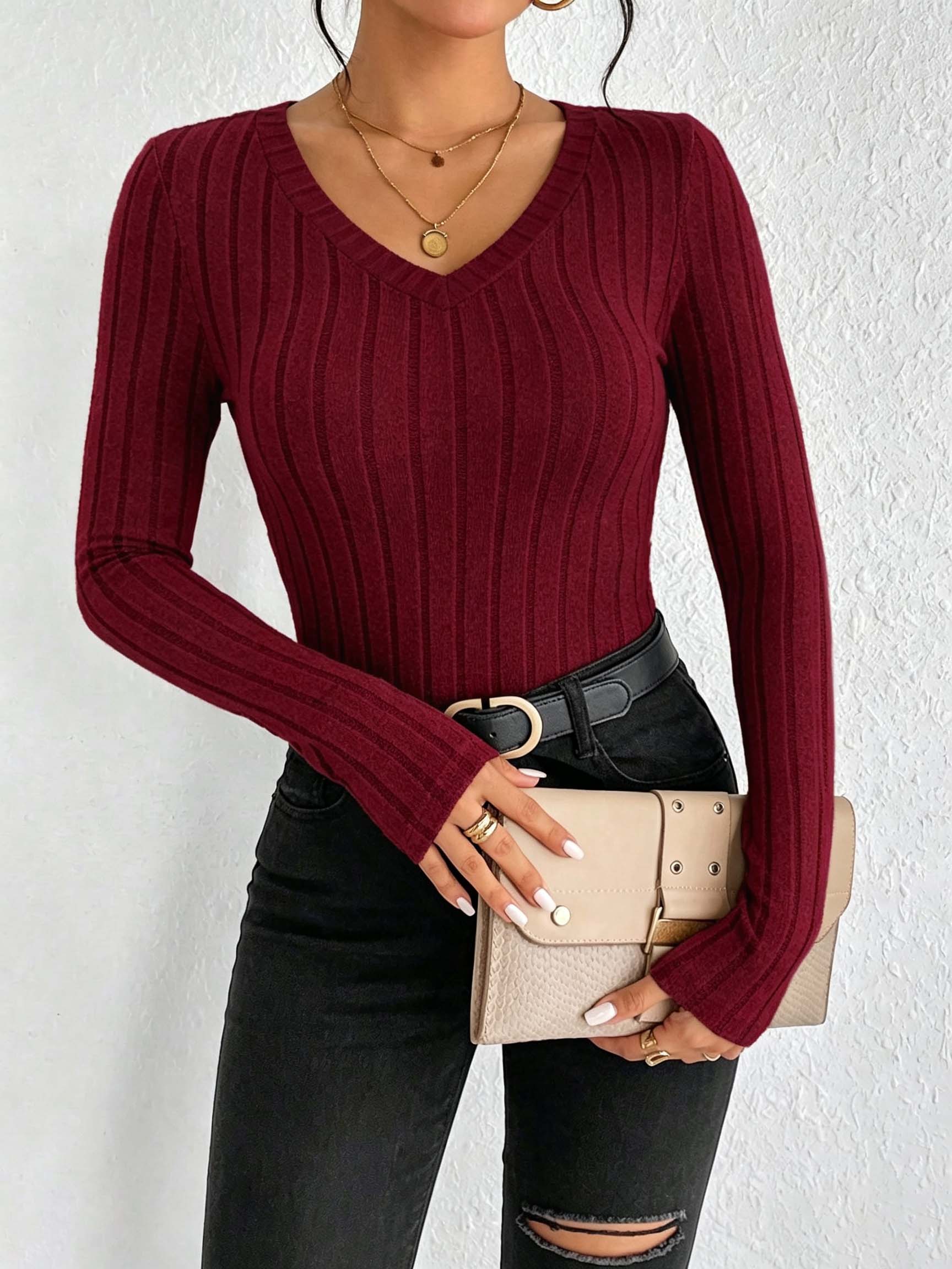 Women Solid V‑Neck Ribbed Knit - Trend Women Fashion review and price