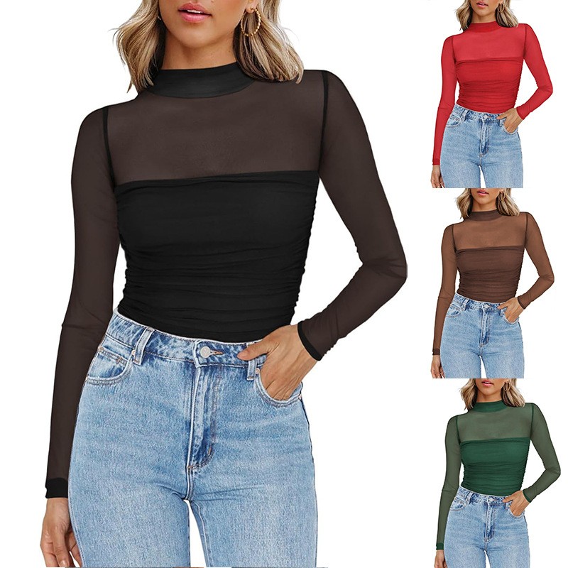 Women's Solid Color Sheer Mesh - Women Fashion Blouse review and price