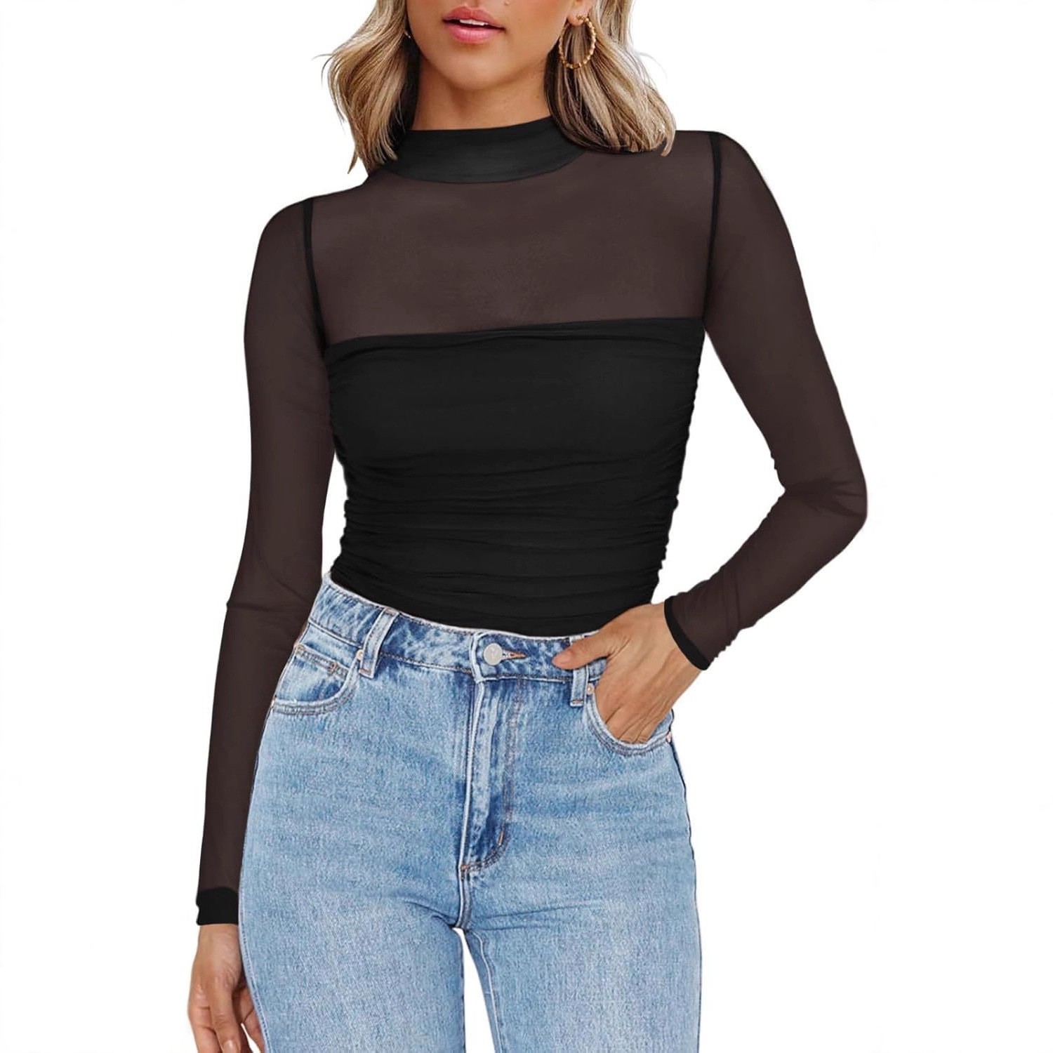 Women's Solid Color Sheer Mesh - Women Fashion Blouse review and price